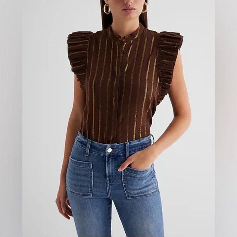 NWT Express Women’s Brown & Gold Striped Flutter Sleeve Top
